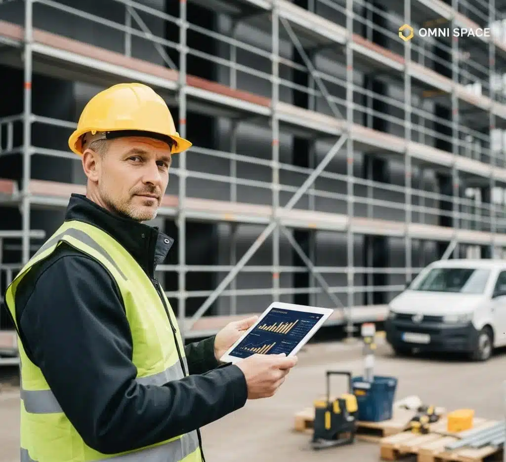 Entrepreneur du bâtiment analysant son plan financier sur un chantier